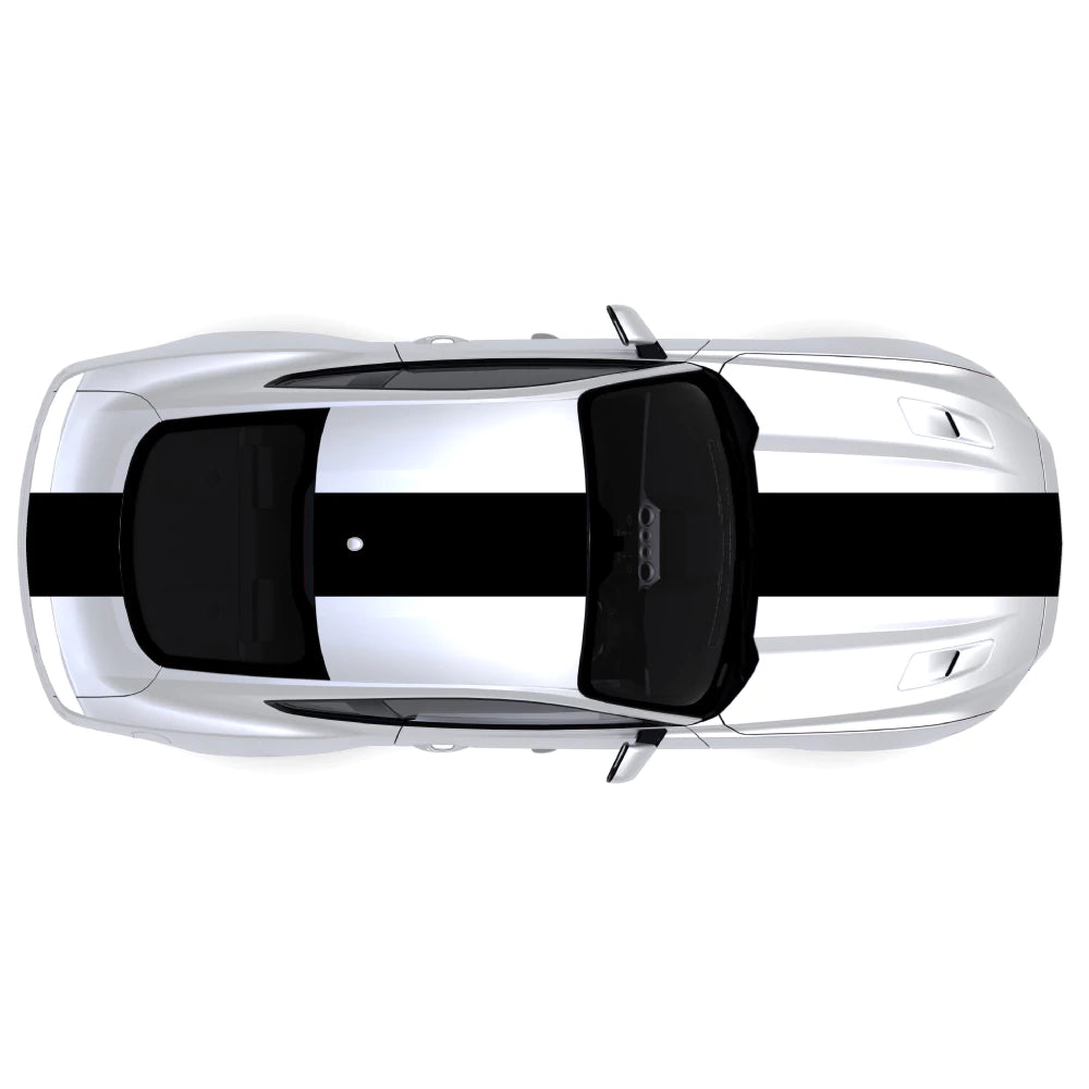 2015-2023 Ford Mustang black single full body center racing stripe decal kit across front bumper, hood, roof, trunk, and back bumper