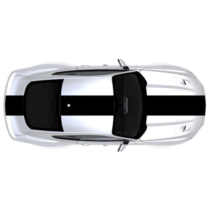 2015-2023 Ford Mustang black single full body center racing stripe decal kit across front bumper, hood, roof, trunk, and back bumper