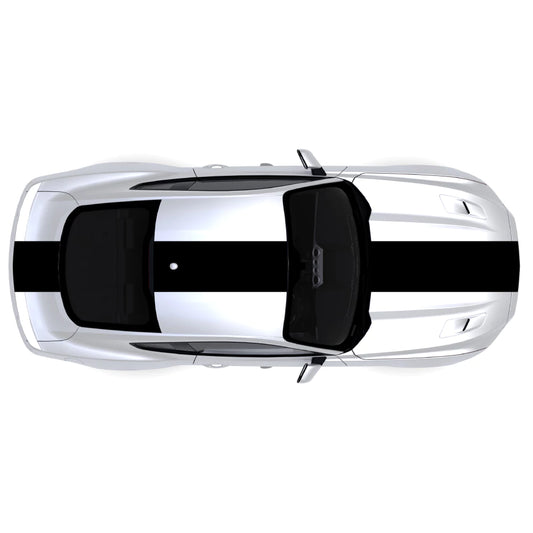 2015-2023 Ford Mustang black single full body center racing stripe decal kit across front bumper, hood, roof, trunk, and back bumper