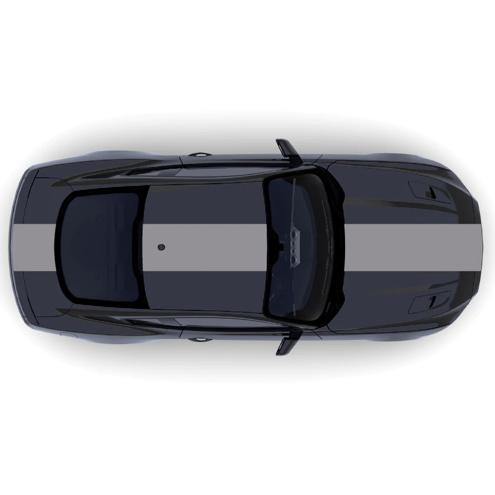 2015-2023 Ford Mustang grey single full body center racing stripe decal kit across front bumper, hood, roof, trunk, and back bumper