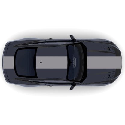 2015-2023 Ford Mustang grey single full body center racing stripe decal kit across front bumper, hood, roof, trunk, and back bumper