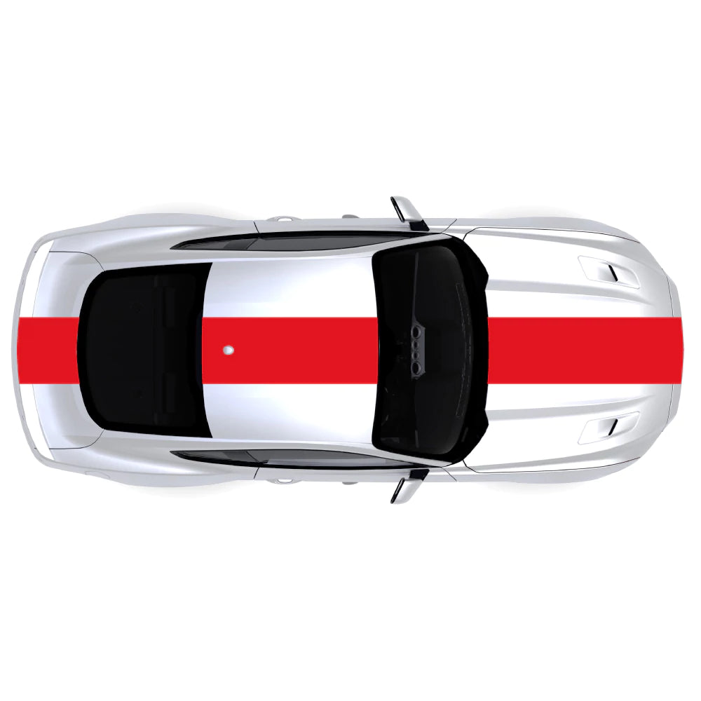 2015-2023 Ford Mustang red single full body center racing stripe decal kit across front bumper, hood, roof, trunk, and back bumper