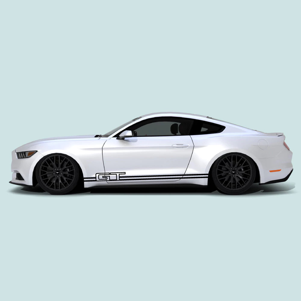 2015-2023 Ford Mustang with black Mustang GT Text Rocker Stripes installed on the rocker panel