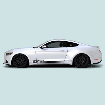 2015-2023 Ford Mustang with black Mustang GT Text Rocker Stripes installed on the rocker panel