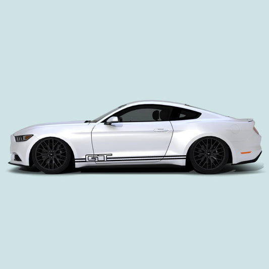 2015-2023 Ford Mustang with black Mustang GT Text Rocker Stripes installed on the rocker panel