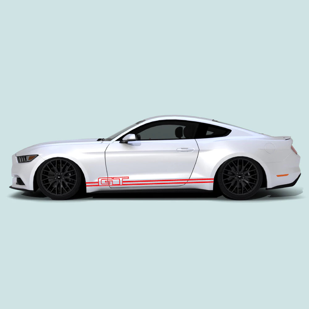 2015-2023 Ford Mustang with red Mustang GT Text Rocker Stripes for rocker panel placement