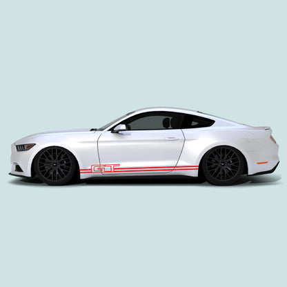 2015-2023 Ford Mustang with red Mustang GT Text Rocker Stripes for rocker panel placement