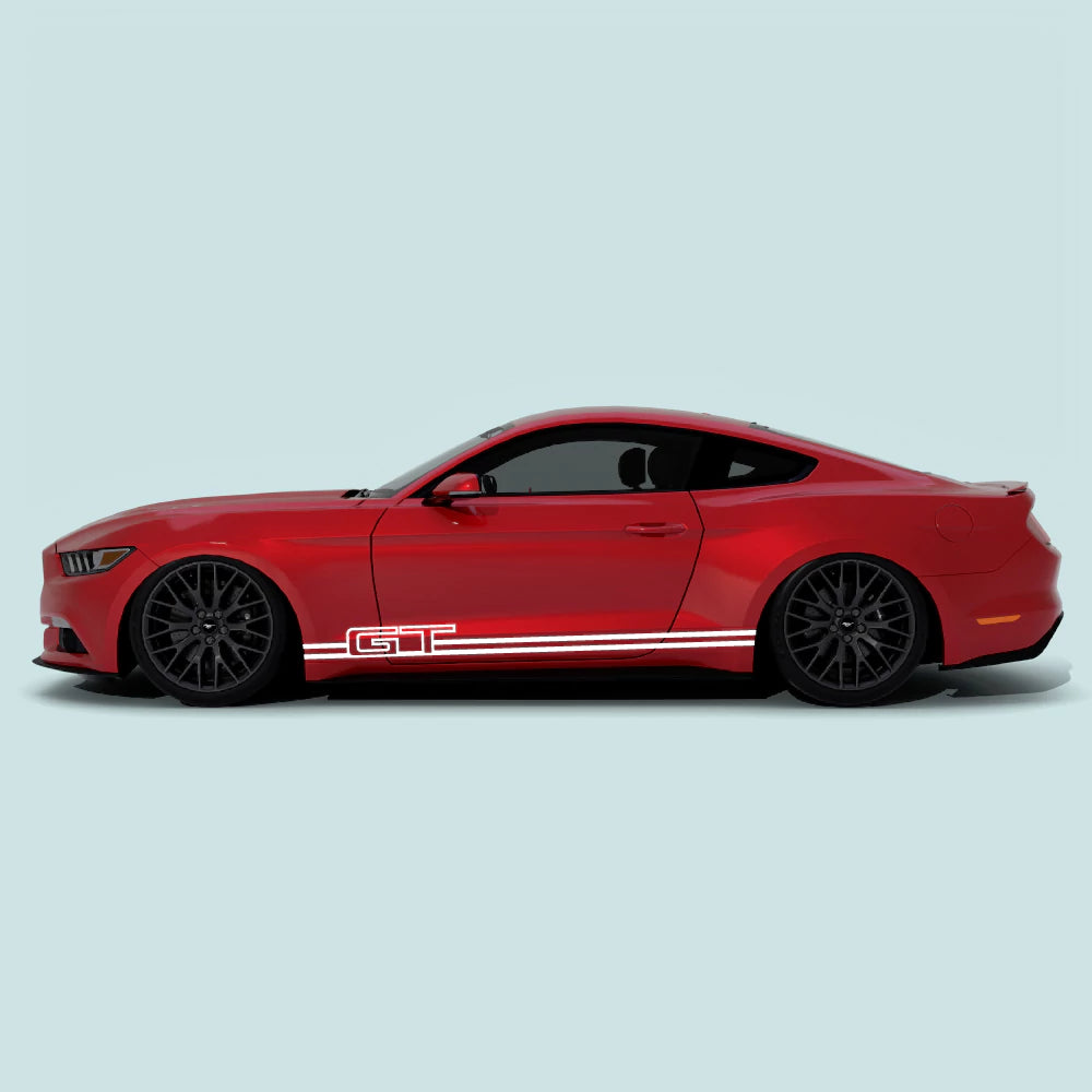 2015-2023 Ford Mustang with white Mustang GT Text Rocker Stripes rocker panel decals