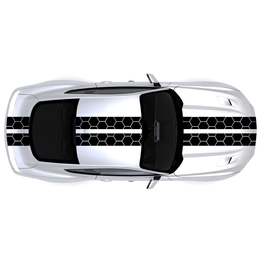 2015-2023 Ford Mustang Honey Comb Style Full Body Stripes decal kit in black on front bumper, hood, roof, trunk, and back bumper