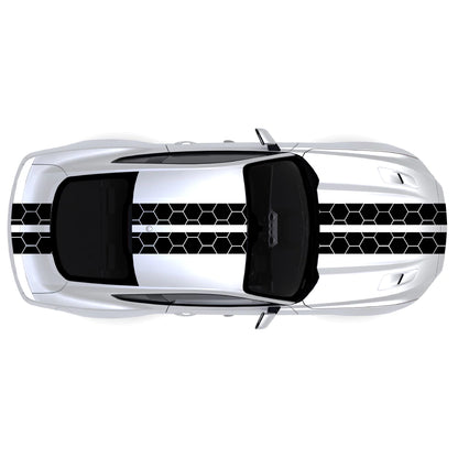 2015-2023 Ford Mustang Honey Comb Style Full Body Stripes decal kit in black on front bumper, hood, roof, trunk, and back bumper