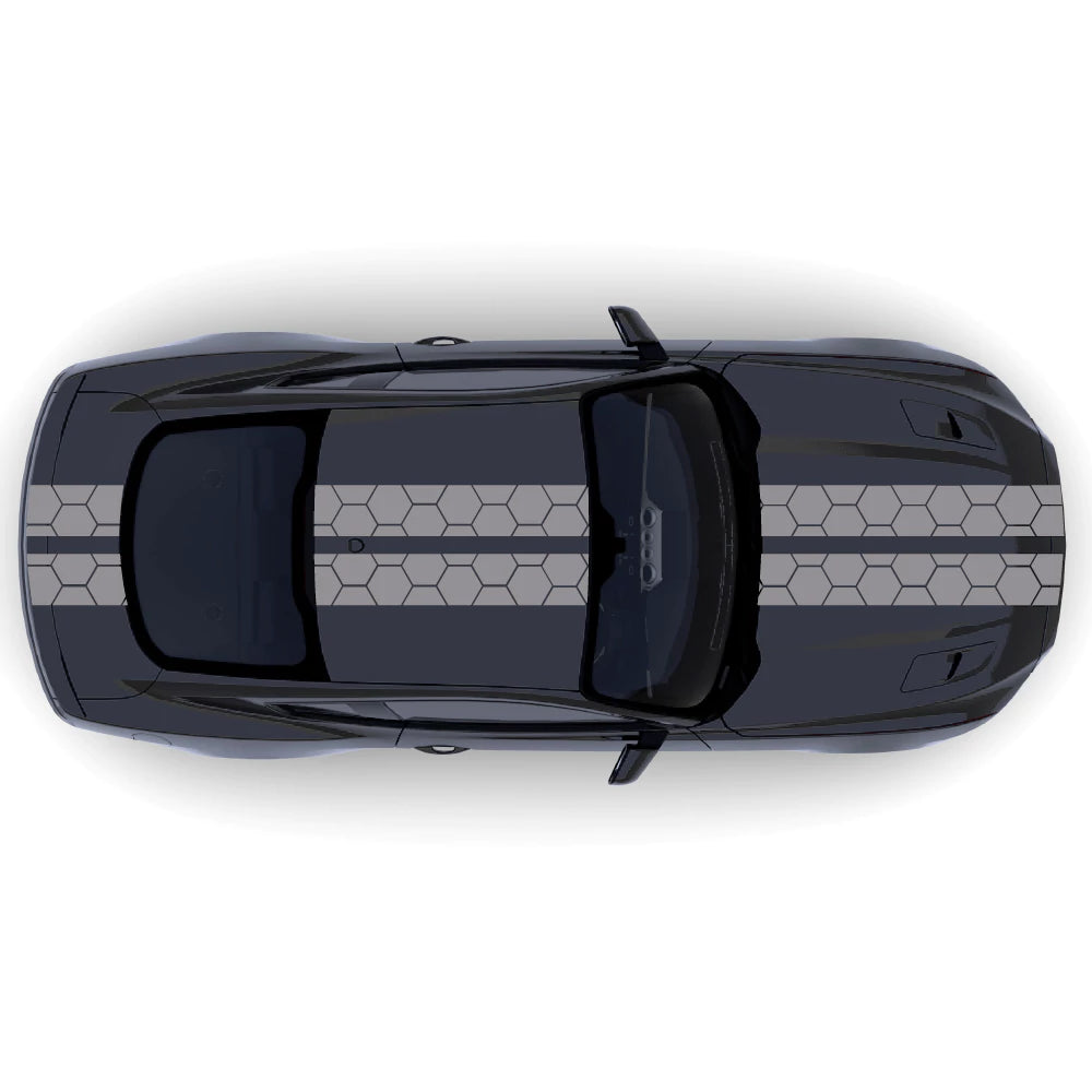 2015-2023 Ford Mustang Honey Comb Style Full Body Stripes decal kit in grey on front bumper, hood, roof, trunk, and back bumper