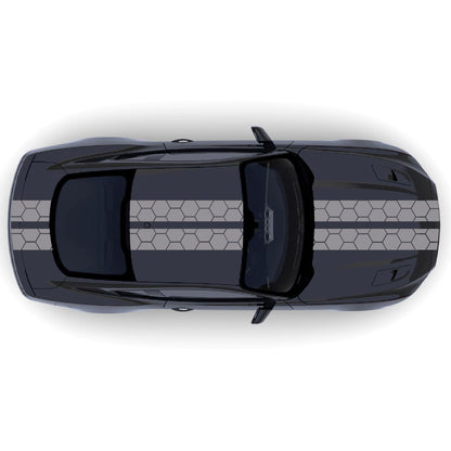 2015-2023 Ford Mustang Honey Comb Style Full Body Stripes decal kit in grey on front bumper, hood, roof, trunk, and back bumper