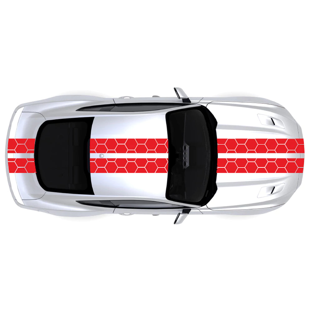 2015-2023 Ford Mustang Honey Comb Style Full Body Stripes decal kit in red on front bumper, hood, roof, trunk, and back bumper
