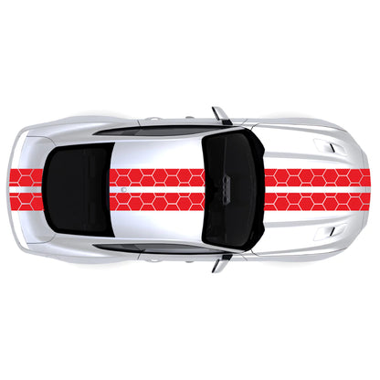 2015-2023 Ford Mustang Honey Comb Style Full Body Stripes decal kit in red on front bumper, hood, roof, trunk, and back bumper