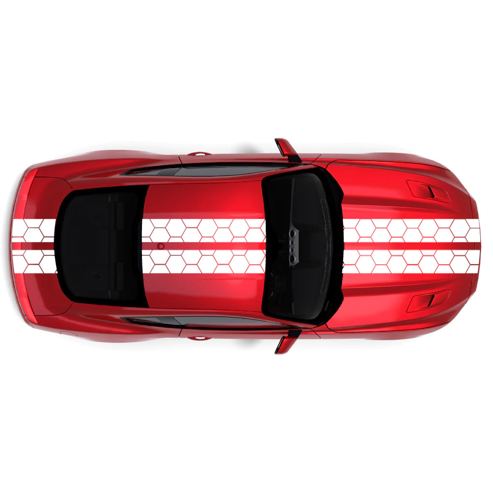 2015-2023 Ford Mustang Honey Comb Style Full Body Stripes decal kit in white on front bumper, hood, roof, trunk, and back bumper