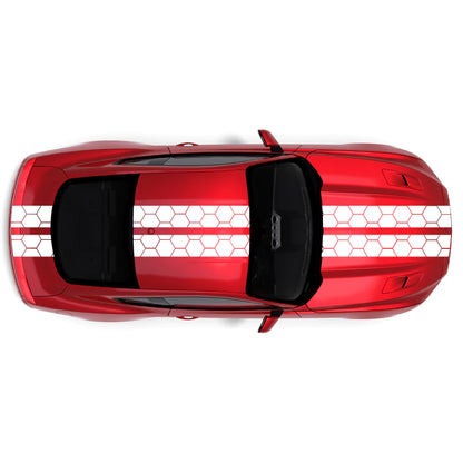 2015-2023 Ford Mustang Honey Comb Style Full Body Stripes decal kit in white on front bumper, hood, roof, trunk, and back bumper
