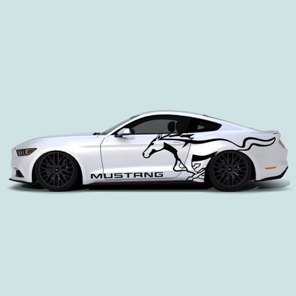 2015-2023 Ford Mustang with black Running Pony Emblem side decals on doors and rear quarter panels