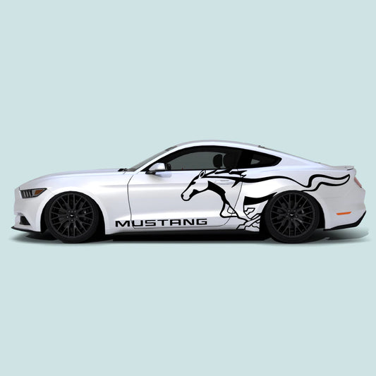2015-2023 Ford Mustang with black Running Pony Emblem side decals on doors and rear quarter panels