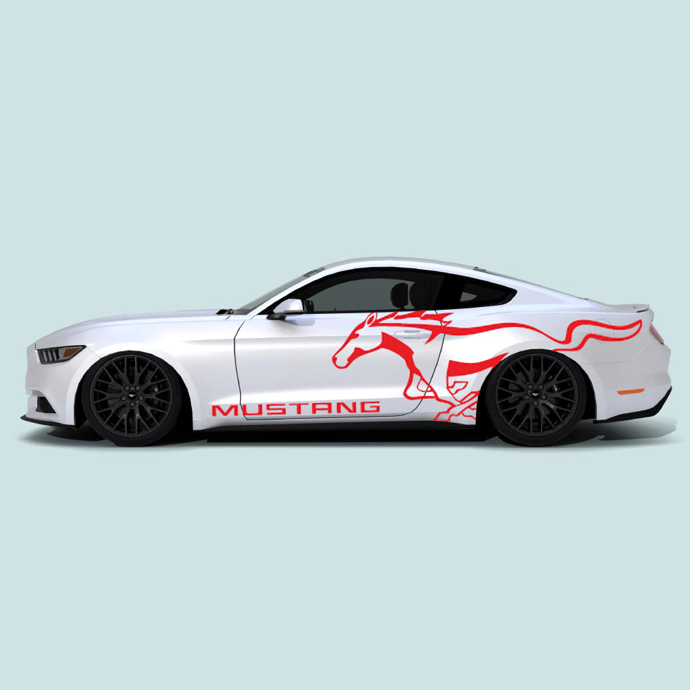 2015-2023 Ford Mustang with red Running Pony Emblem side decals on doors and rear quarter panels