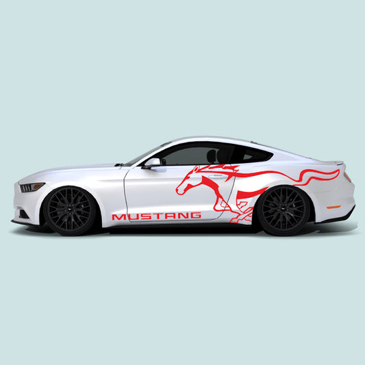 2015-2023 Ford Mustang with red Running Pony Emblem side decals on doors and rear quarter panels