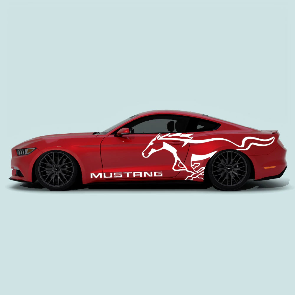 2015-2023 Ford Mustang with white Running Pony Emblem side decals on doors and rear quarter panels