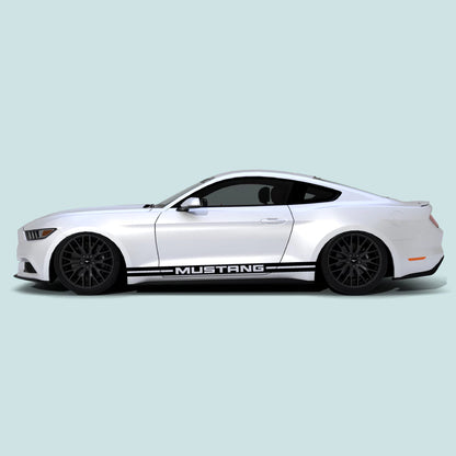 2015-2023 Ford Mustang with black Mustang text rocker panel stripes installed on lower side panel