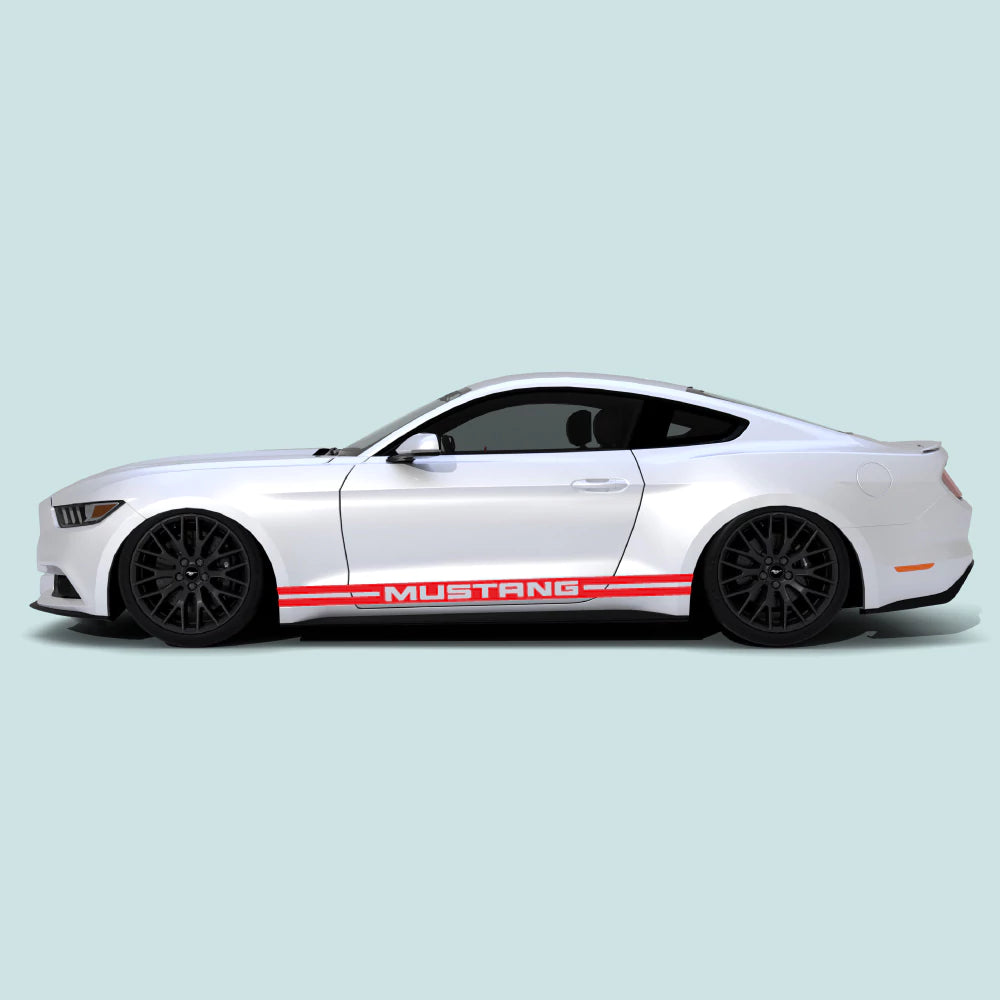 2015-2023 Ford Mustang with red Mustang text rocker panel stripes installed on lower side panel