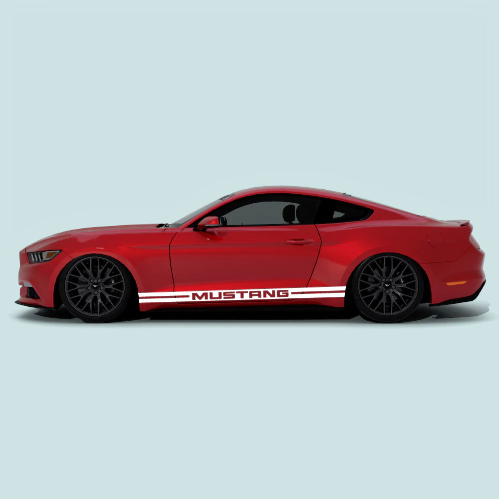2015-2023 Ford Mustang with white Mustang text rocker panel stripes installed on lower side panel