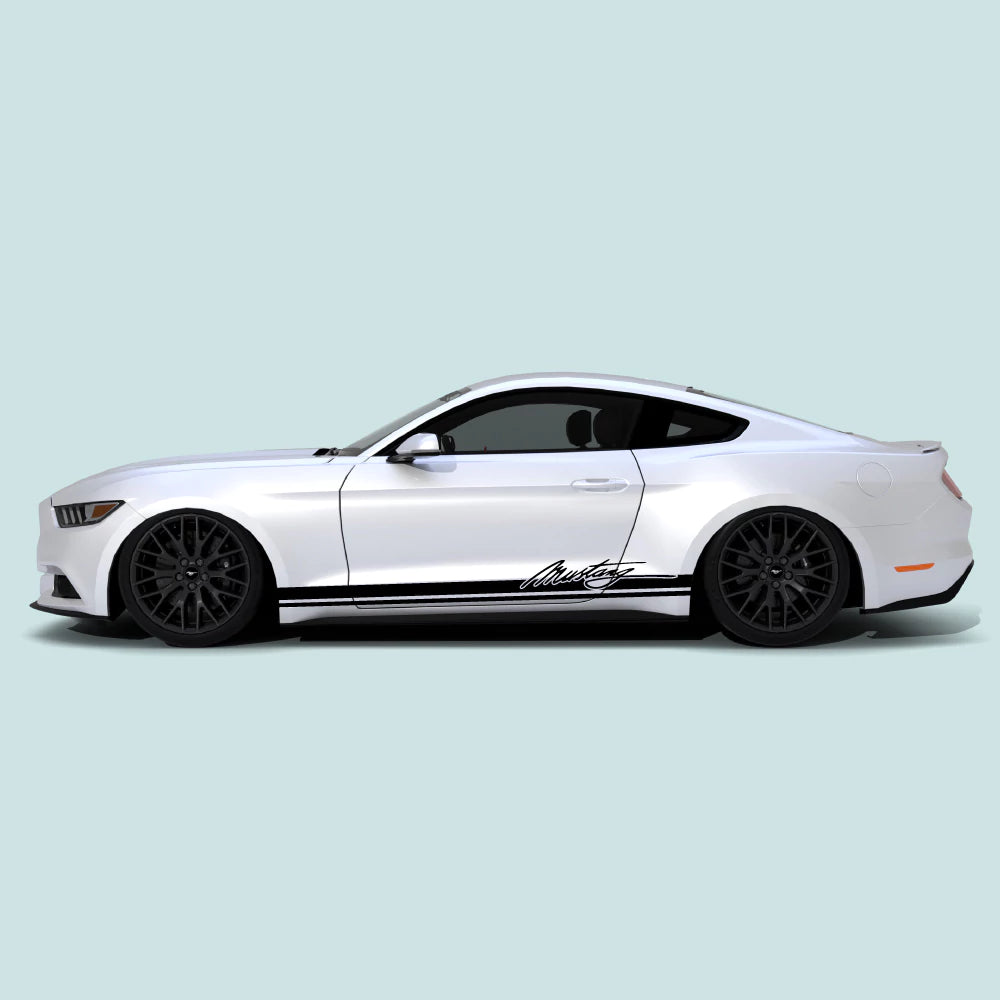 Black Mustang Signature Logo Rocker Stripes on 2015-2023 Ford Mustang rocker panel