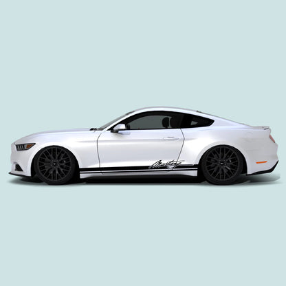 Black Mustang Signature Logo Rocker Stripes on 2015-2023 Ford Mustang rocker panel