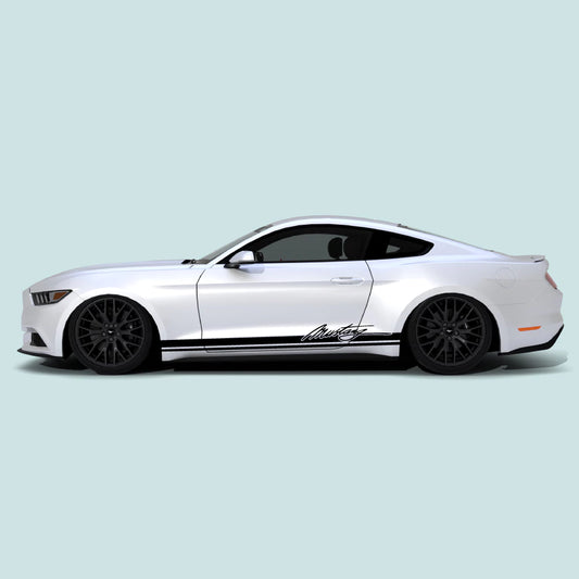 Black Mustang Signature Logo Rocker Stripes on 2015-2023 Ford Mustang rocker panel