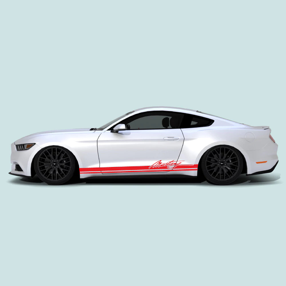 Red Mustang Signature Logo Rocker Stripes on 2015-2023 Ford Mustang rocker panel