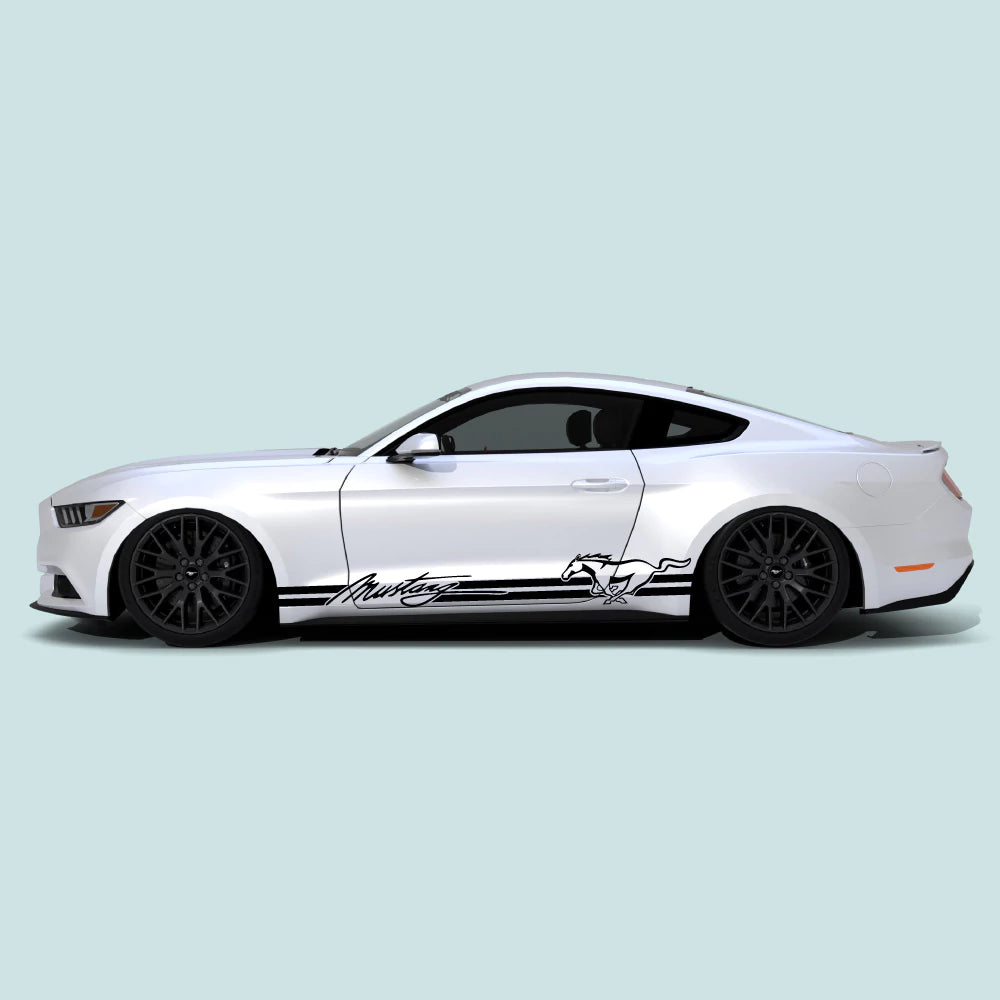2015-2023 Ford Mustang with black Mustang Signature Logo Pony Rocker Stripes on the rocker panel