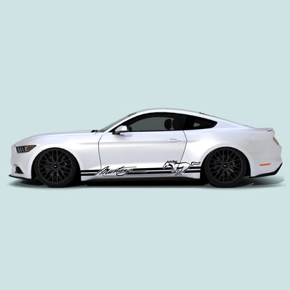 2015-2023 Ford Mustang with black Mustang Signature Logo Pony Rocker Stripes on the rocker panel