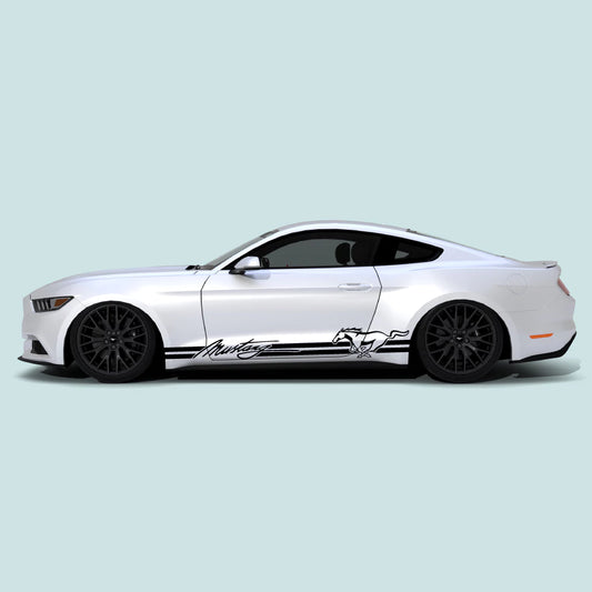 2015-2023 Ford Mustang with black Mustang Signature Logo Pony Rocker Stripes on the rocker panel