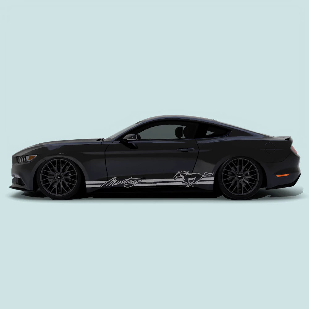 2015-2023 Ford Mustang with grey Mustang Signature Logo Pony Rocker Stripes on the rocker panel