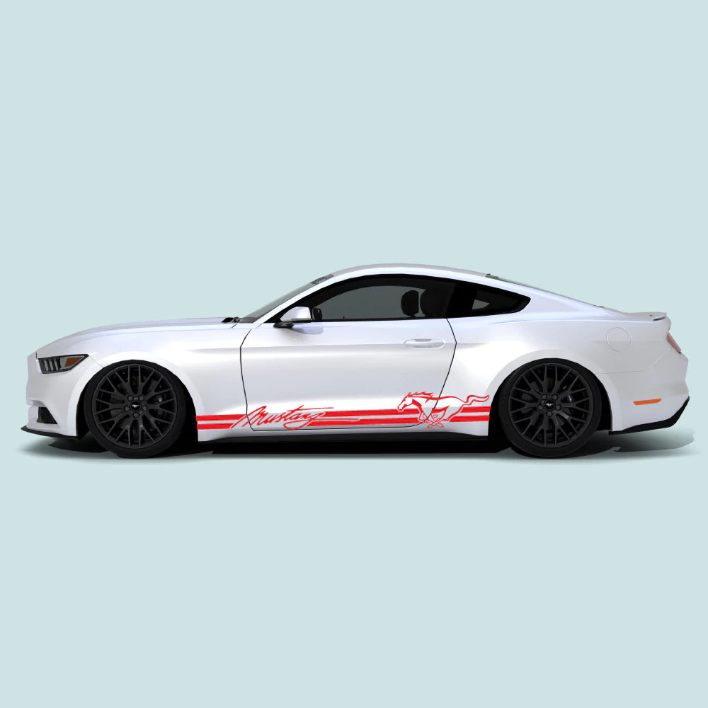 2015-2023 Ford Mustang with red Mustang Signature Logo Pony Rocker Stripes on the rocker panel