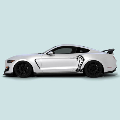 2015-2023 Ford Mustang Shelby Cobra side decals in black installed on side doors and rear quarter panels