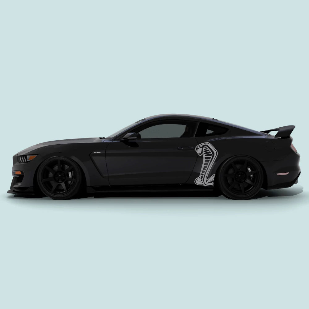 2015-2023 Ford Mustang Shelby Cobra side decals in grey installed on side doors and rear quarter panels