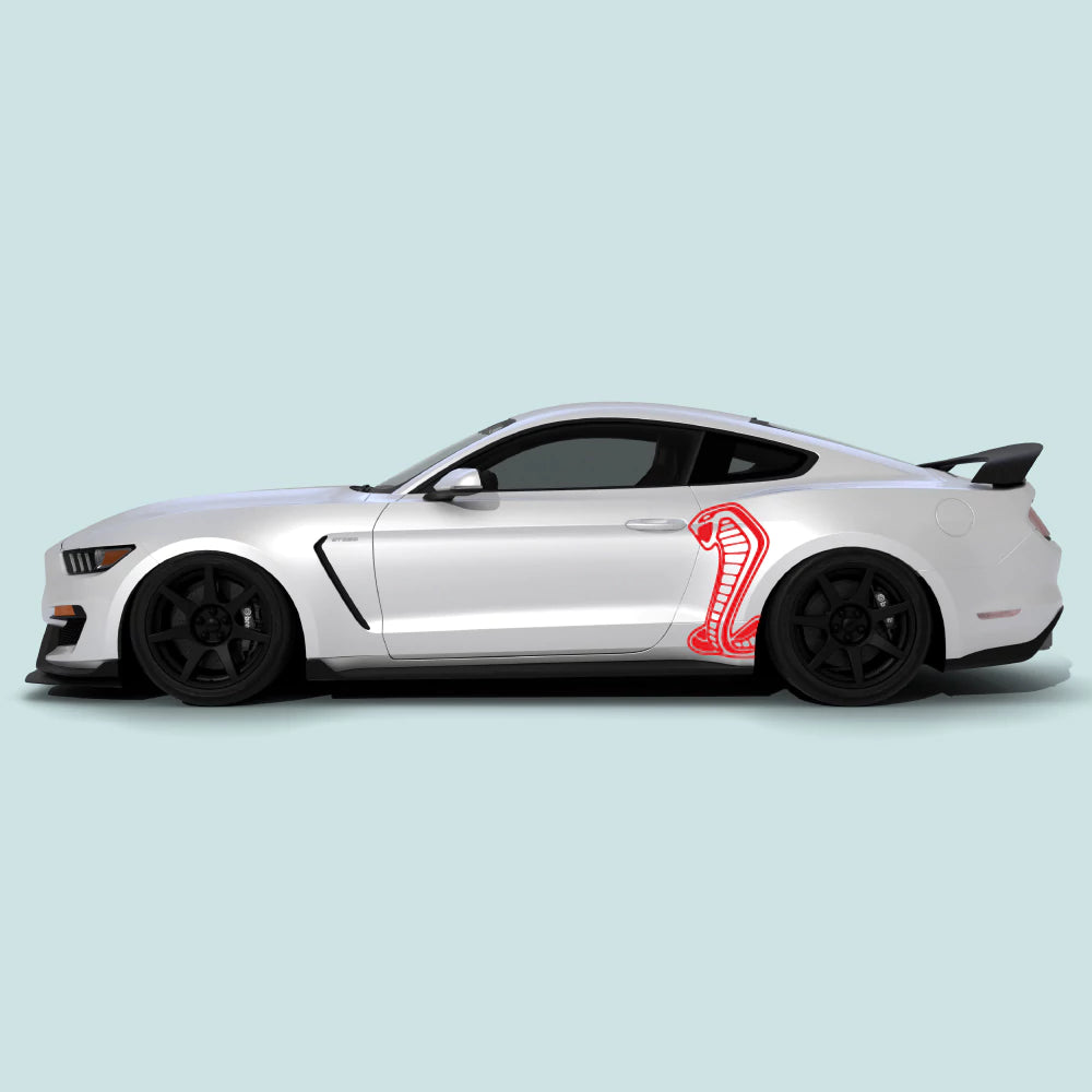 2015-2023 Ford Mustang Shelby Cobra side decals in red installed on side doors and rear quarter panels