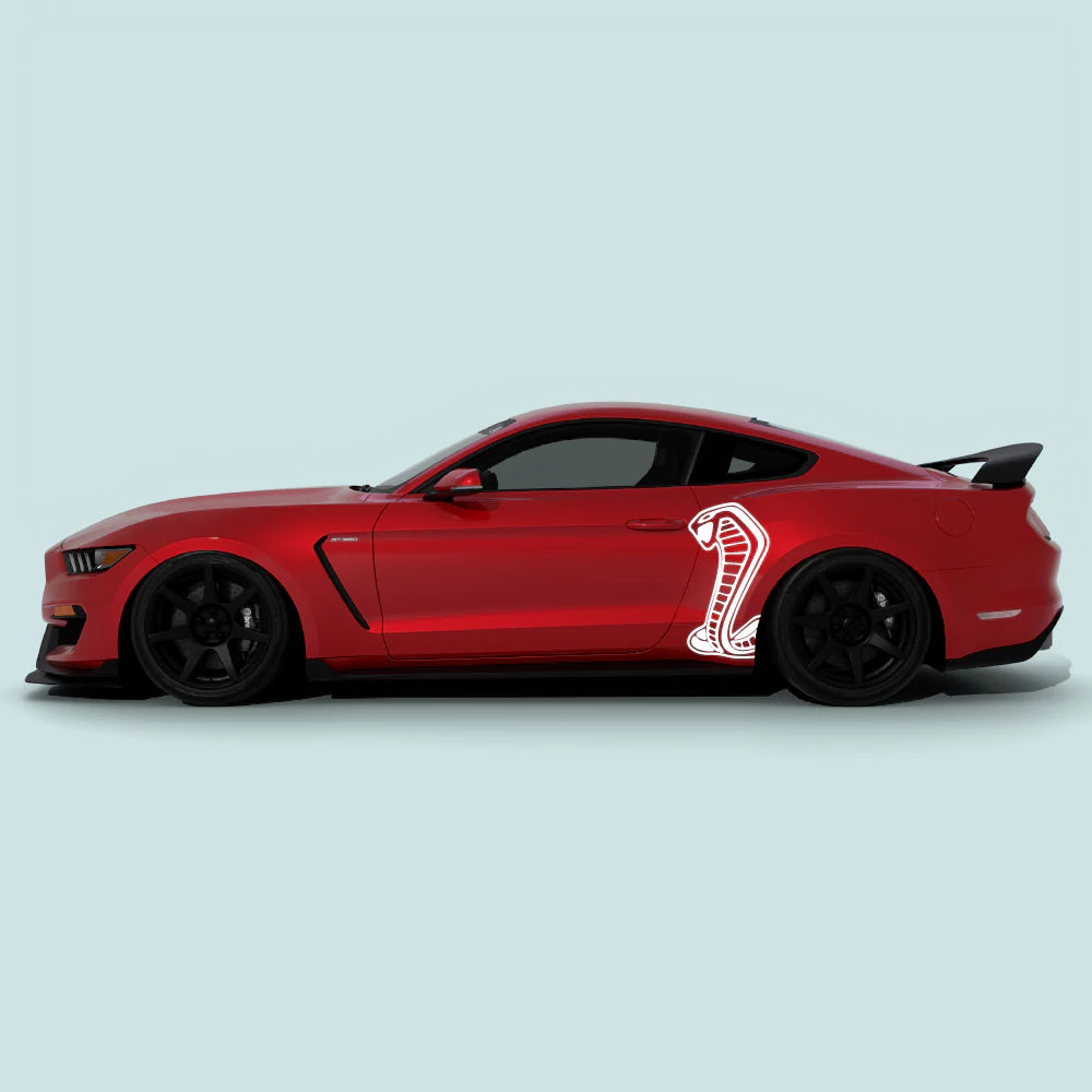 2015-2023 Ford Mustang Shelby Cobra side decals in white installed on side doors and rear quarter panels