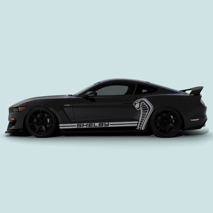 2015-2023 Ford Mustang with grey Shelby Cobra side decals on driver side doors and rear quarter panel