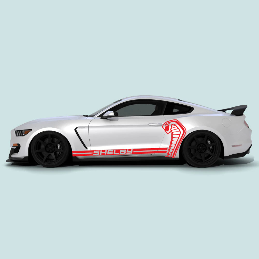 2015-2023 Ford Mustang with red Shelby Cobra side decals on driver side doors and rear quarter panel