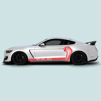 2015-2023 Ford Mustang with red Shelby Cobra side decals on driver side doors and rear quarter panel