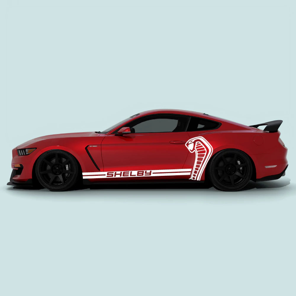 2015-2023 Ford Mustang with white Shelby Cobra side decals on driver side doors and rear quarter panel