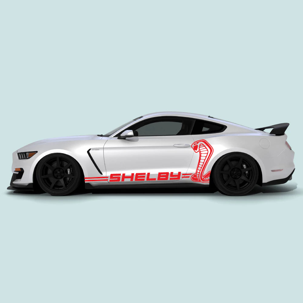 2015-2023 Ford Mustang with red Shelby Cobra XL side decals on side doors and rear quarter panels