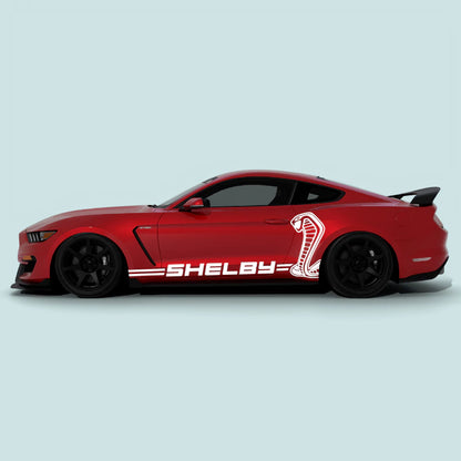 2015-2023 Ford Mustang with white Shelby Cobra XL side decals on side doors and rear quarter panels