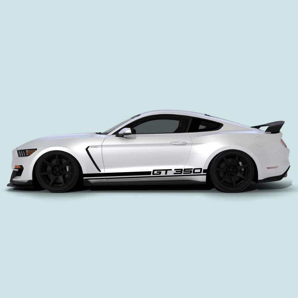 2015-2023 Ford Mustang with black Shelby GT 350 rocker panel stripes installed along the lower side rocker panels.