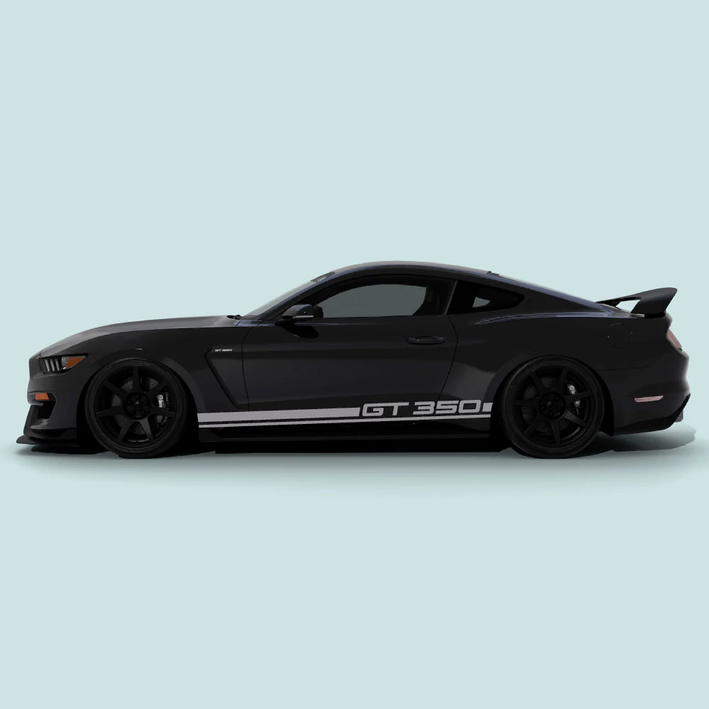 2015-2023 Ford Mustang with grey Shelby GT 350 rocker panel stripes installed along the lower side rocker panels.