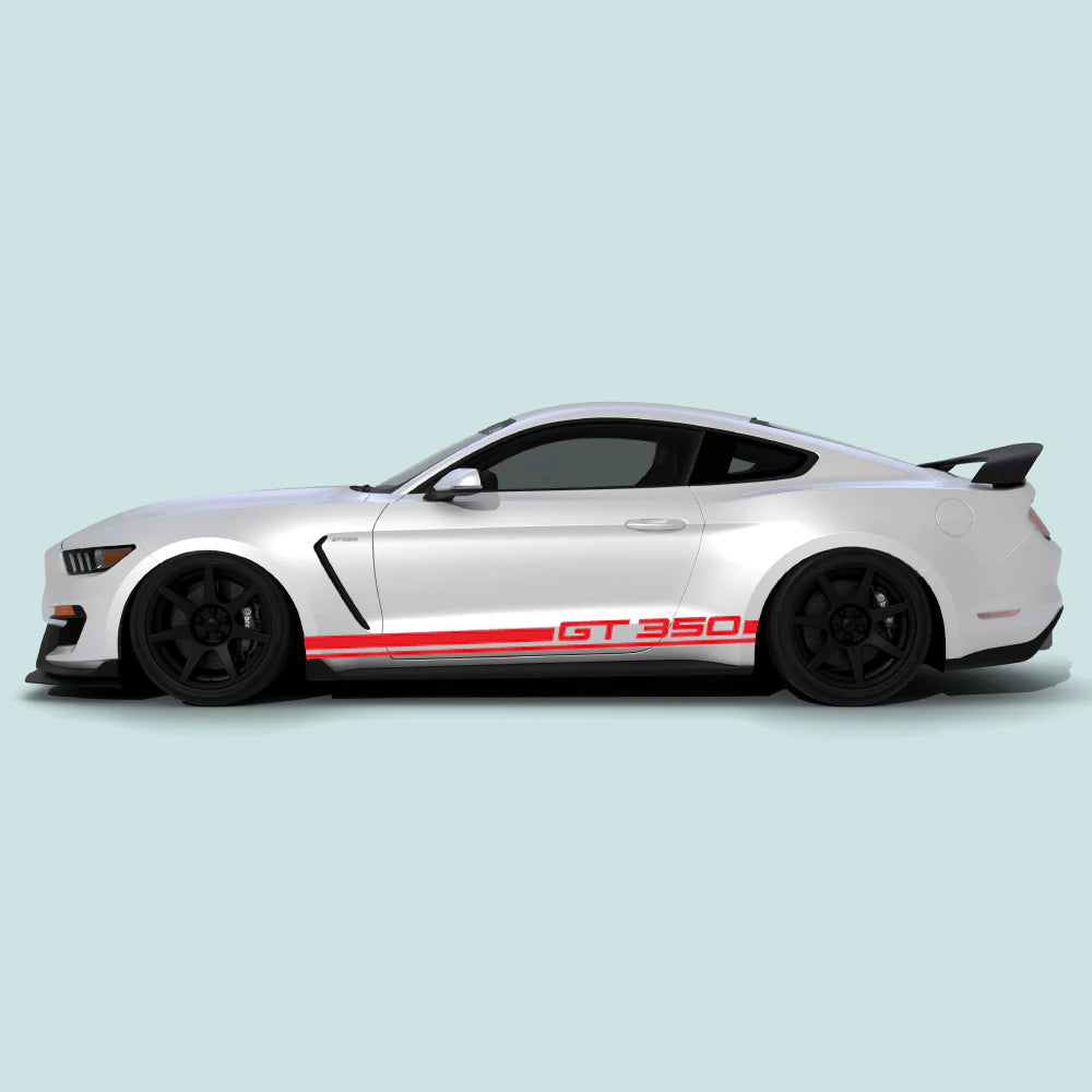 2015-2023 Ford Mustang with red Shelby GT 350 rocker panel stripes installed along the lower side rocker panels.